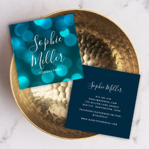 Modern Trendy Calligraphy Aqua Blue Bokeh Lights Square Business Card