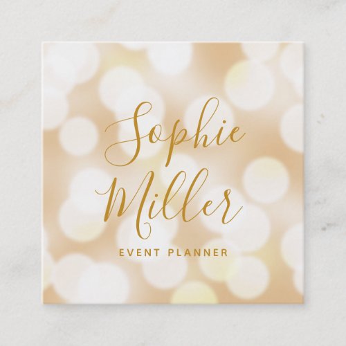 Modern Trendy Calligraphy Champagne Bokeh Lights Square Business Card