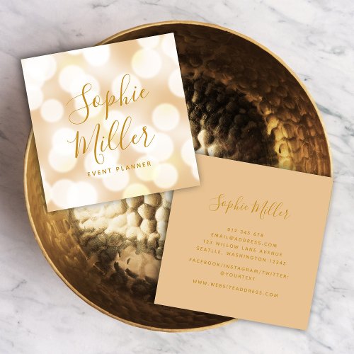 Modern Trendy Calligraphy Champagne Bokeh Lights Square Business Card