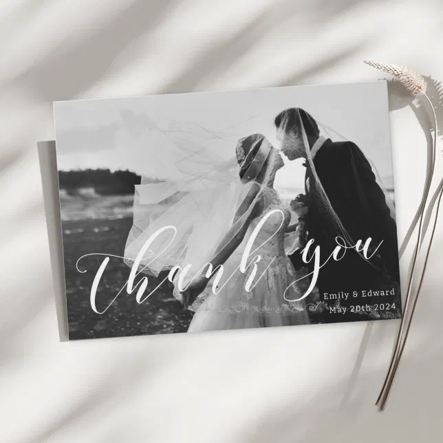 Modern trendy calligraphy photo wedding thank you card zazzle