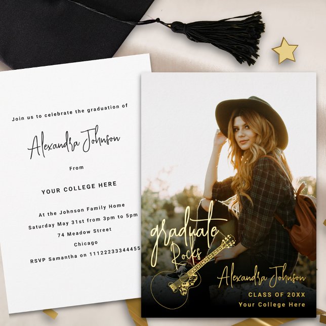 Modern Trendy Casual Photo Graduation Party Gold  Foil Invitation (Modern trendy vertical photo gold foil Graduation party and announcement invitation country guitar)
