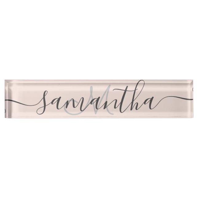 Modern trendy chic blush pink monogram desk name plate (Front)