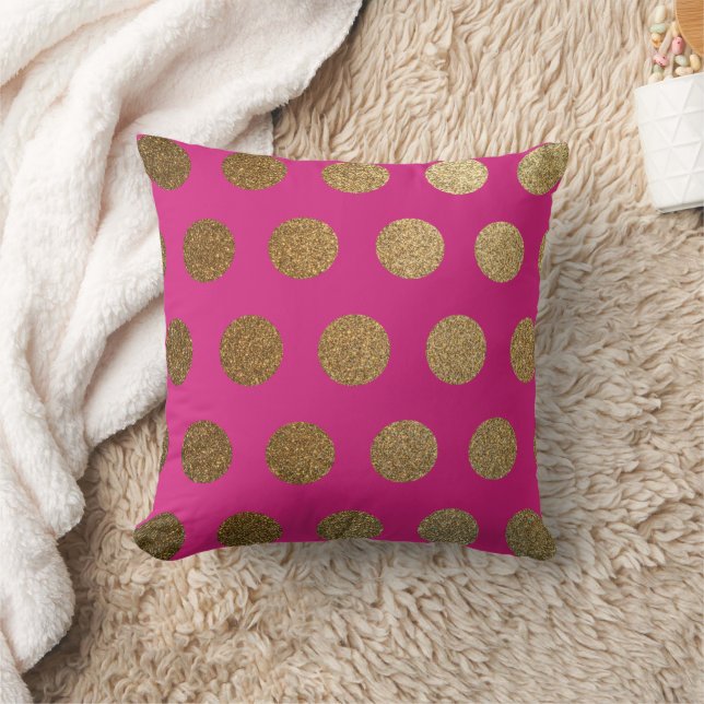 Modern Trendy Chic Hot Pink Magenta Gold Polka Dot Throw Pillow