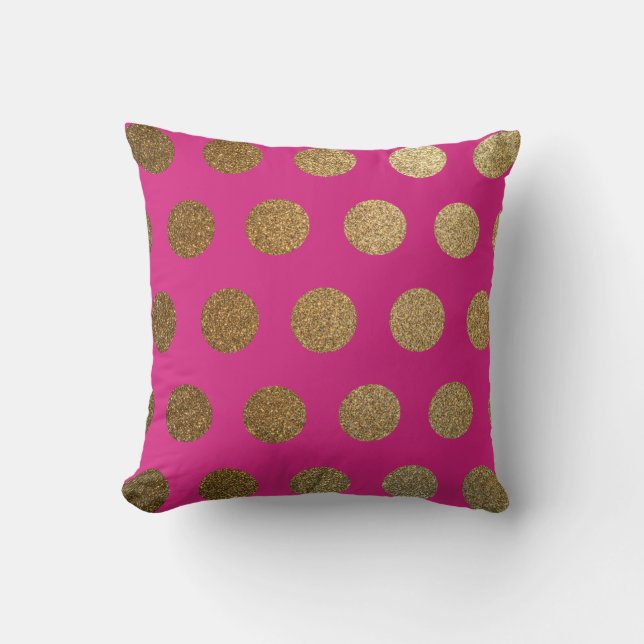 Modern Trendy Chic Hot Pink Magenta Gold Polka Dot Throw Pillow (Front)