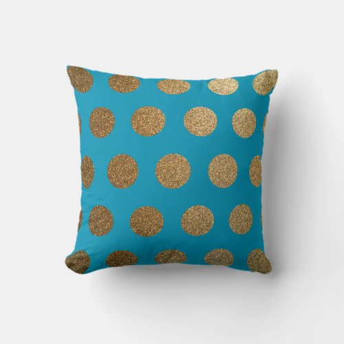 Modern Trendy Chic Teal Blue Gold Polka Dot Throw Pillow