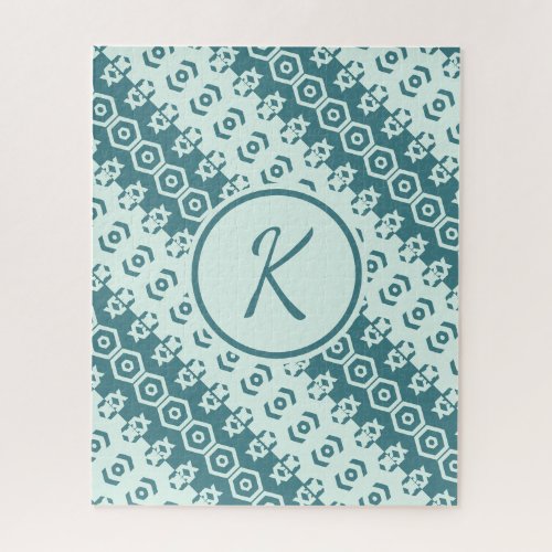 Modern Trendy Chic Teal Blue Monogrammed Initial Jigsaw Puzzle