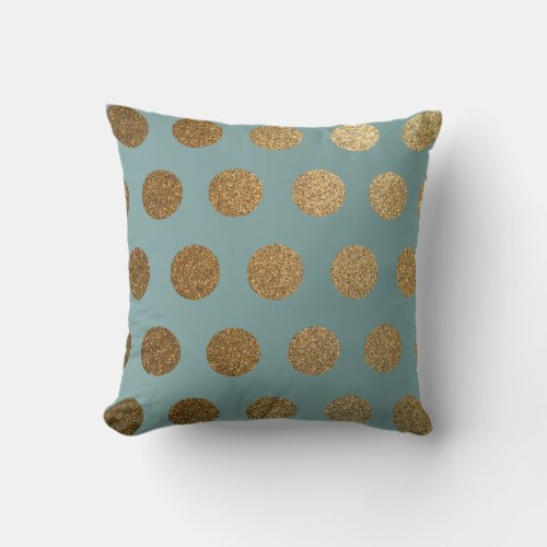 Modern Trendy Chic Teal Gold Polka Dots Throw Pillow