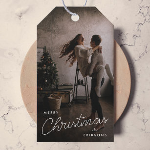 Modern Trendy Christmas   Dark Dusky Couple Photo Gift Tags