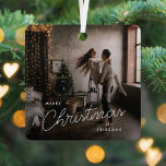 Modern Trendy Christmas | Dark Dusky Couple Photo Metal Ornament<br><div class="desc">A trendy stylish holiday photo ornament with modern and handwritten script typography in white over a full photo with black faded tint. The photo and name can be easily customized for a personal touch. A simple, minimalist and contemporary christmas design to stand out this holiday season! The image shown is...</div>
