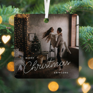 Modern Trendy Christmas   Dark Dusky Couple Photo Metal Ornament