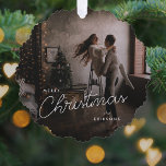 Modern Trendy Christmas | Dark Dusky Couple Photo Ornament Card<br><div class="desc">A trendy stylish holiday photo ornament with modern and handwritten script typography in white over a full photo with black faded tint. The photo and name can be easily customized for a personal touch. A simple, minimalist and contemporary christmas design to stand out this holiday season! The image shown is...</div>