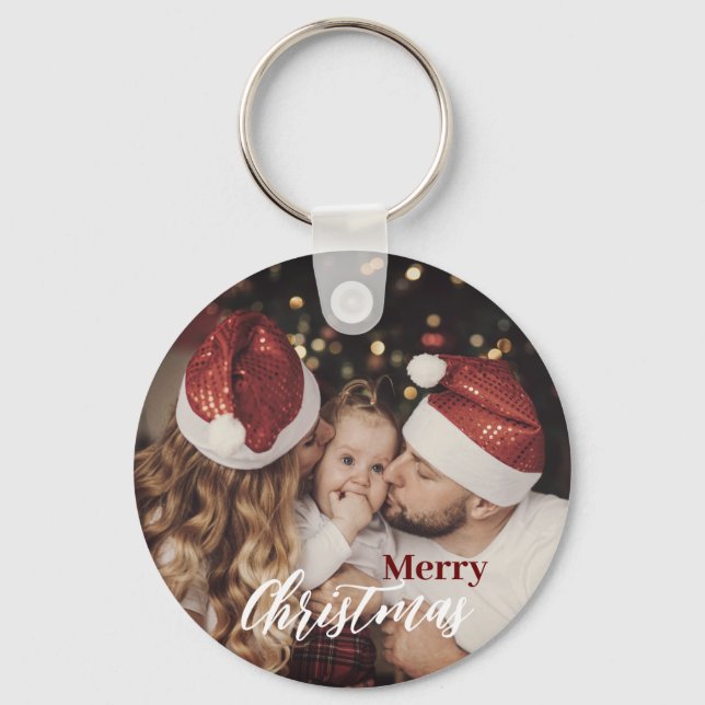 Modern Trendy Christmas  Dark Dusky Family Photo  Keychain (Front)