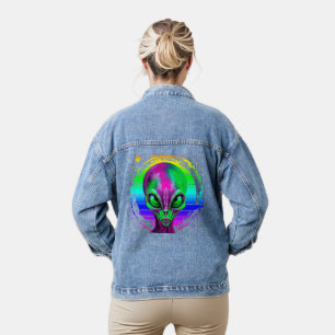 Modern Trendy Colorful Rainbow Alien Denim Jacket