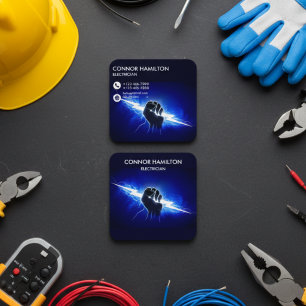 Modern Trendy Cool Blue Lightning Electrician Busi Square Business Card