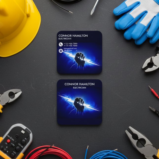 Modern Trendy Cool Blue Lightning Electrician Busi Square Business Card (Creator Uploaded)