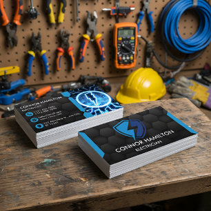 Modern Trendy Cool Blue Lightning Electrician Business Card