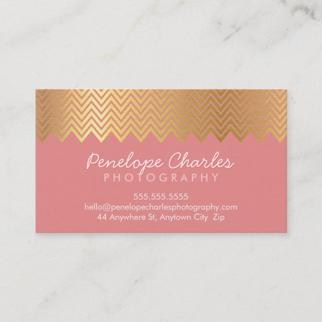 MODERN trendy cool gold foil chevron pattern coral Business Card (Front)