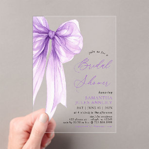 Modern Trendy Coquette Purple Bow Bridal Shower Acrylic Invitations