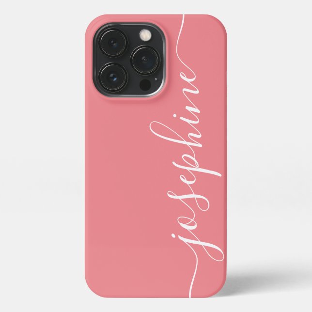 Modern Trendy Coral Pink Calligraphy Script Name iPhone Case (Back)