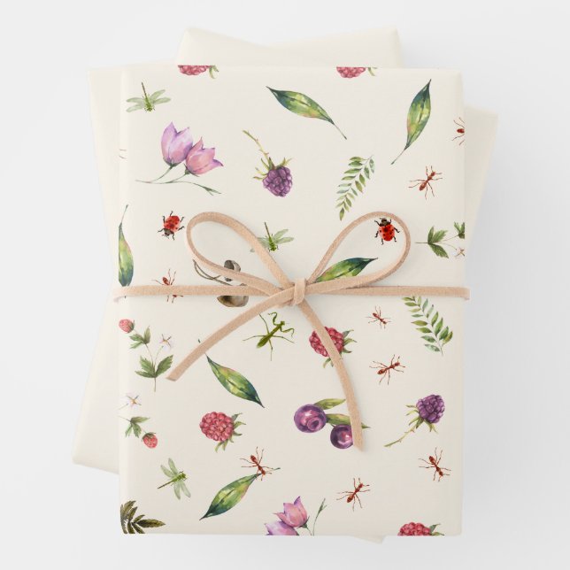 Modern Trendy Cream Woodland Wildflowers Insects Wrapping Paper Sheets (In situ)