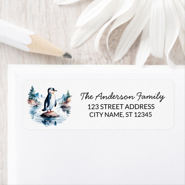 Modern Trendy Cute Penguin Return Address          Label (Insitu)