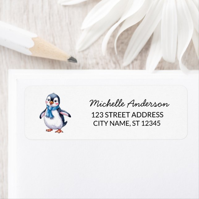 Modern Trendy Cute Penguin Return Address          Label (Insitu)
