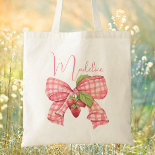 Modern Trendy Cute Pink Bow & Strawberry Tote Bag