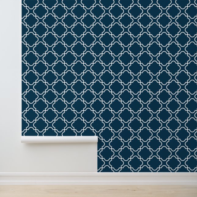 Modern Trendy Dark Navy Blue Quatrefoil Wallpaper (Application)
