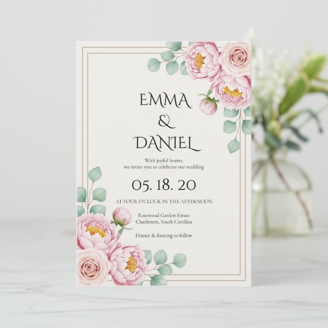 Modern Trendy Designer Dusty Rose Blush Wedding  Invitation (Standing Front)