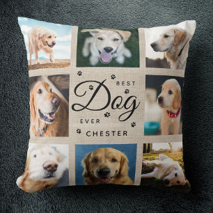 Modern Trendy Dog Pet Photo Collage Linen Paw Throw Pillow