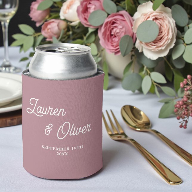 Modern Trendy Dusty Rose Script Wedding Can Cooler (Creator Uploaded)