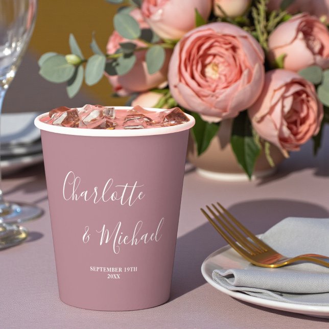 Modern Trendy Dusty Rose Script Wedding Paper Cups (Creator Uploaded)