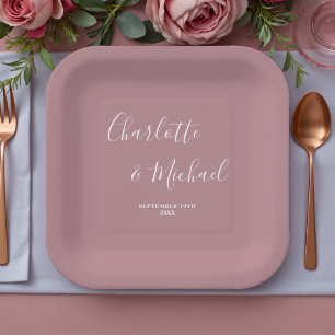 Modern Trendy Dusty Rose Script Wedding Paper Plates