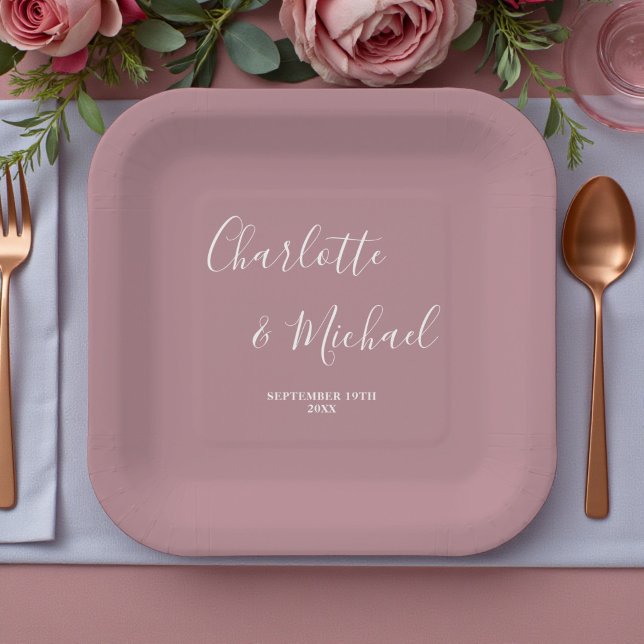 Modern Trendy Dusty Rose Script Wedding Paper Plates (Creator Uploaded)