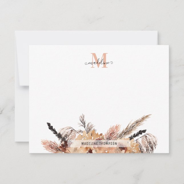 Modern Trendy Elegant Boho Chic Floral Monogram Note Card (Front)