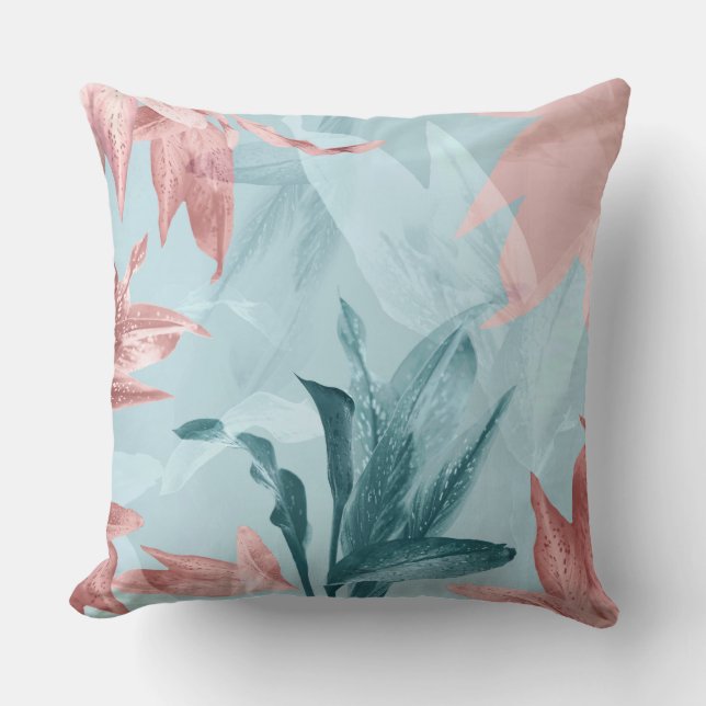 Modern Trendy Exotic Blue Pink Tropical Leaves Throw Pillow (Front)