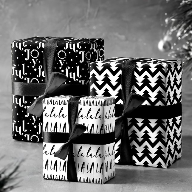 Modern Trendy FA LA LA Joyful Black and White  Wrapping Paper Sheets (Modern Trendy FA LA LA Joyful Black and White Wrapping Paper Sheets)