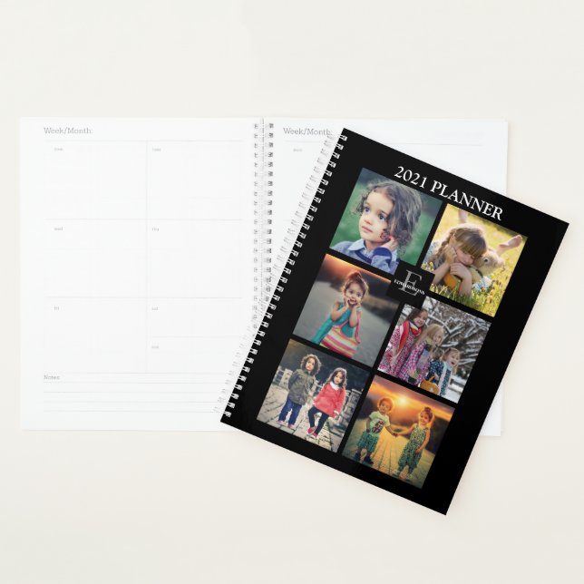Modern trendy family photo collage monogram black planner (Display)