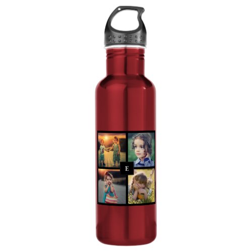 Modern trendy family photo collage monogrammed stainless steel water bottle