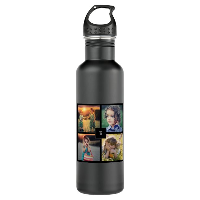 Modern trendy family photo collage monogrammed stainless steel water bottle (Front)