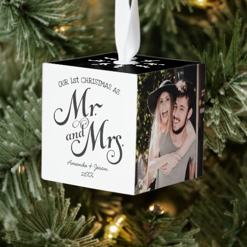 Modern trendy first christmas newlywed photos cube cube ornament