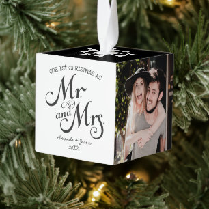 Modern trendy first christmas newlywed photos cube ornament