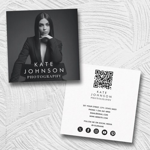 Modern Trendy Full Photo Black White Photography Square Business Card