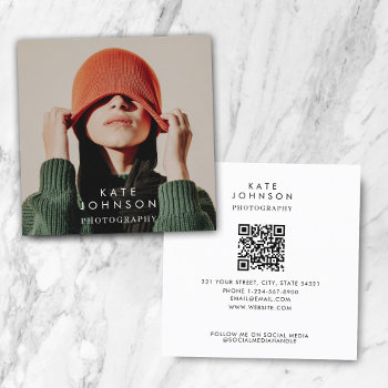 Modern Trendy Full Photo Qr Code Social Media Square Business Card by idovedesign at Zazzle