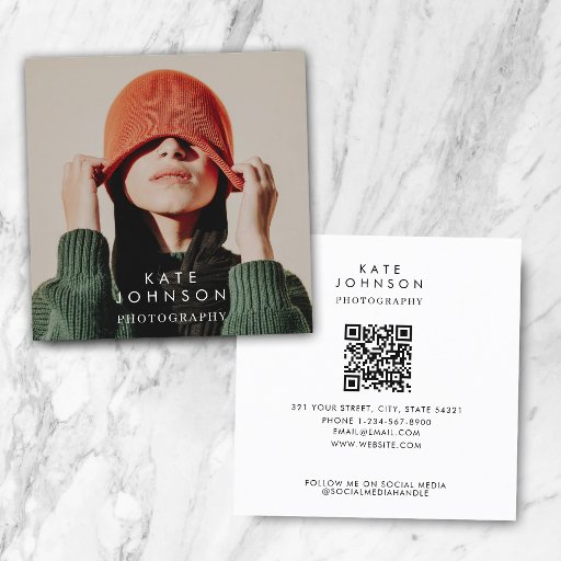 Customizable Modern Trendy Full Photo QR Code Social Media Square Business Card