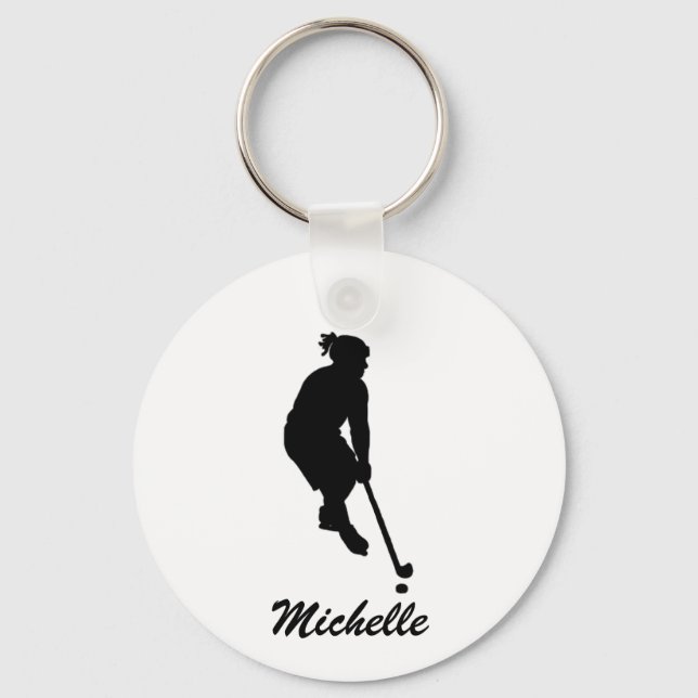 Modern Trendy Girl Playing Ice Hockey Personalized Keychain (Front)