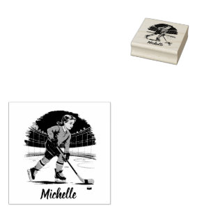 Modern Trendy Girl Playing Ice Hockey Personalized Rubber Stamp
