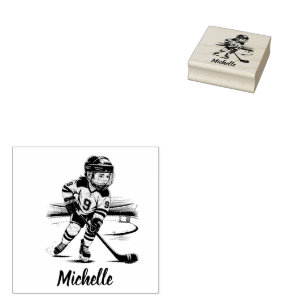 Modern Trendy Girl Playing Ice Hockey Personalized Rubber Stamp