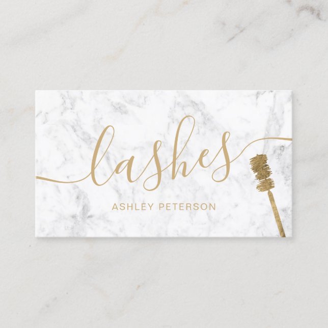 Modern trendy girly gold lashes brush white marble business card (Front)