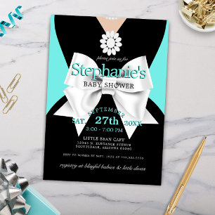 Modern Trendy Glam Aqua Black Dress Baby Shower Invitation